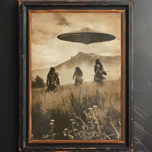 Ancient Tribal Indigenous UFO Wall Art, Vintage Alien Encounter Print, Sepia Mystery Landscape, Cinematic Sci Fi Decor, Rustic Poster image 5