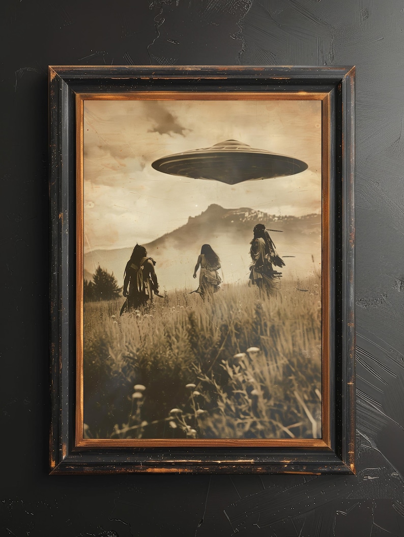 Ancient Tribal Indigenous UFO Wall Art, Vintage Alien Encounter Print, Sepia Mystery Landscape, Cinematic Sci Fi Decor, Rustic Poster image 5