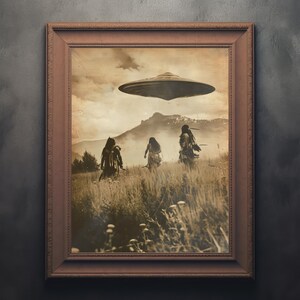 Ancient Tribal Indigenous UFO Wall Art, Vintage Alien Encounter Print, Sepia Mystery Landscape, Cinematic Sci Fi Decor, Rustic Poster image 7