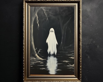 Fantasma en el pantano, impresión de arte fantasma con sábanas, linda cara de fantasma gótica espeluznante, arte abandonado, decoración de la habitación de la academia oscura, pintura de fantasmas