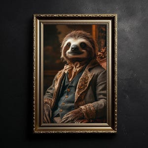 May include: A sloth wearing a brown and gold patterned jacket with a white bow tie and a blue vest. The sloth is sitting in a chair with a gold frame. The background is a dark brown wall.