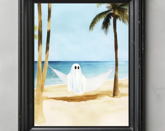 Coastal Wall Art Beach House Ghost Print Wall Art Halloween Decor Vintage Print Spooky Ghost Painting Ocean Decor Dark Academia