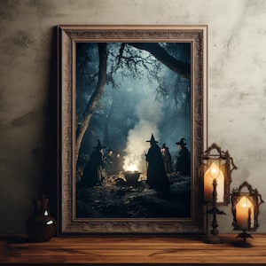 Vintage Mythical Witch Halloween Poster Print Wiccan Wall Art Gothic Decoration Witches in the Enchanted Forest, Gothicore Dark Academia