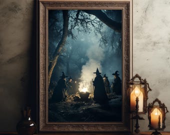 Vintage Mythische Hexe Halloween Poster Druck Wicca Wand Kunst Gothic Dekoration Hexen im Zauberwald, Gothicore Dark Academia
