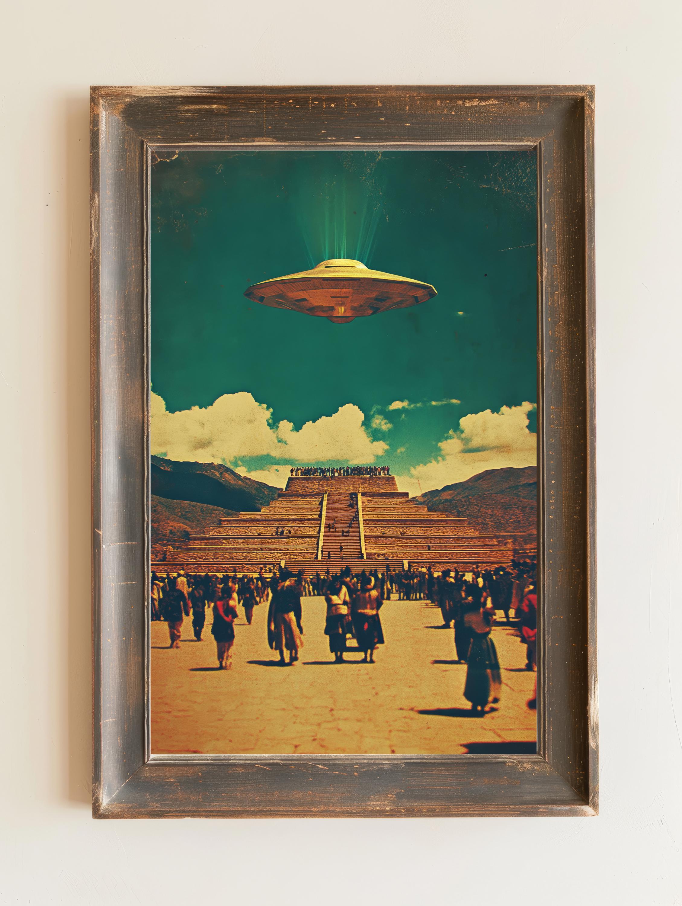 Vintage UFO Pyramid Wall Art Print Retro Alien Spaceship Over Ancient ...