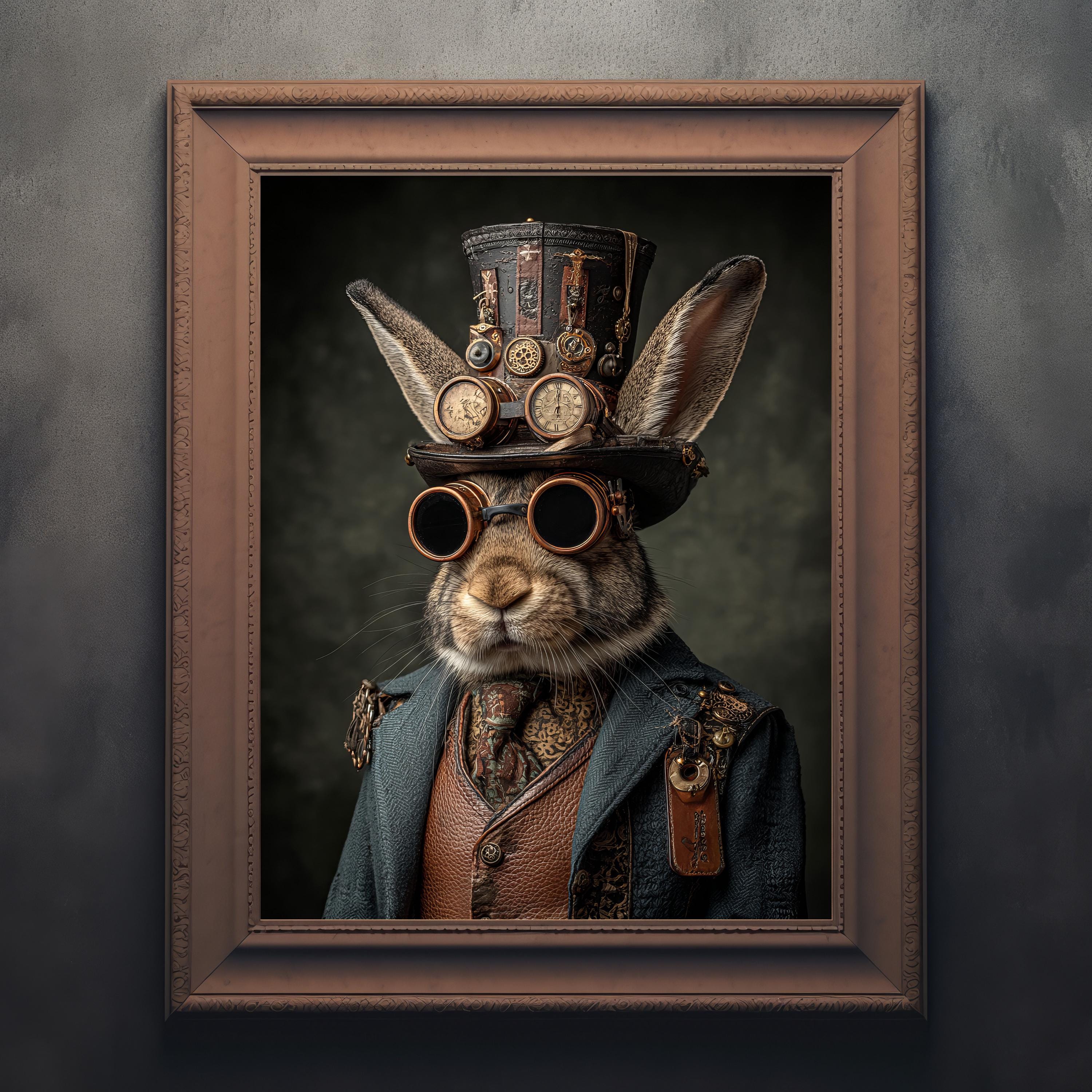 Steampunk Rabbit Wall Art Print, Victorian Bunny With Goggles Portrait ...