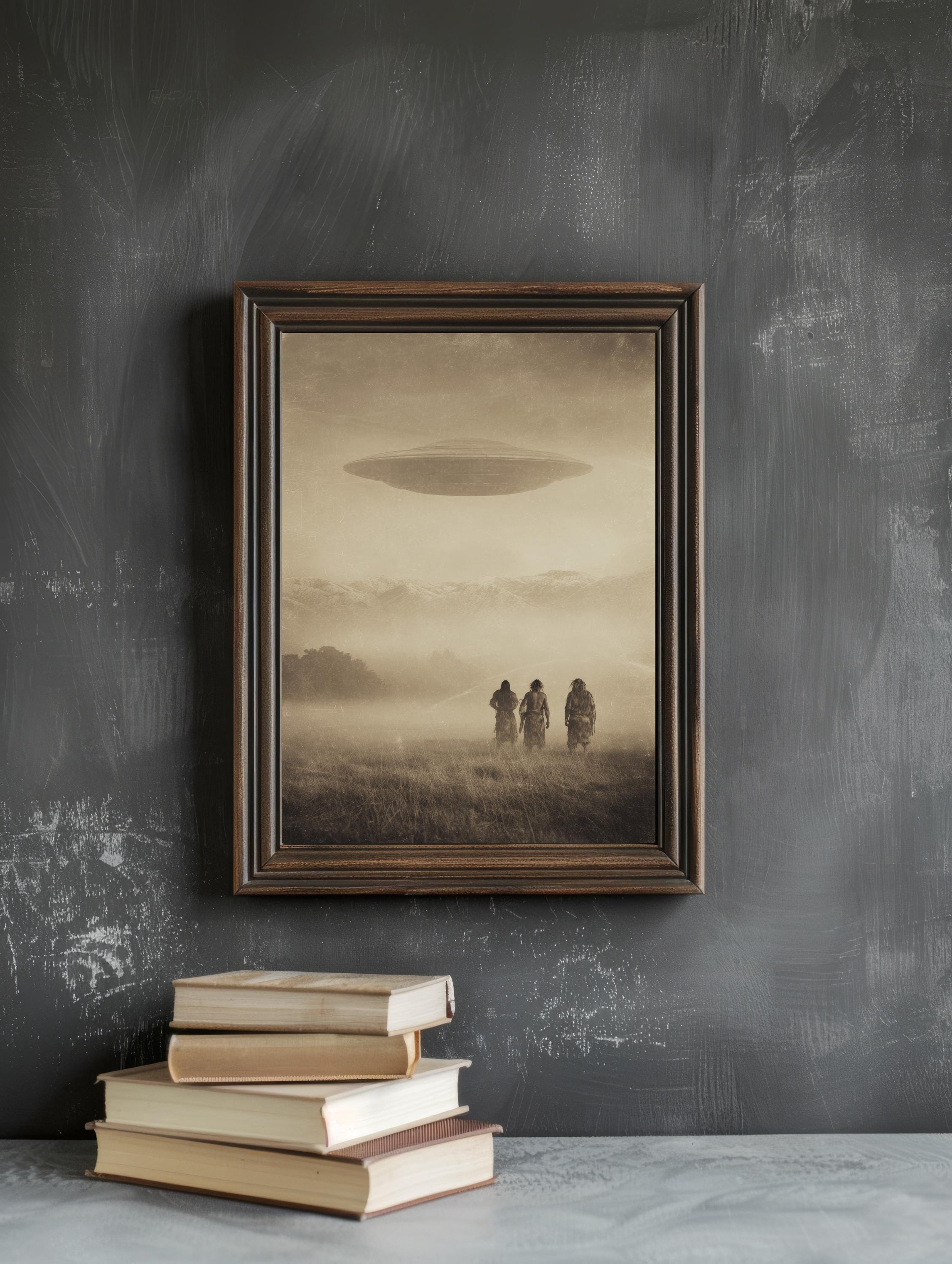 Minimalist UFO Wall Art, Ancient Aliens Landscape Print, Sepia Vintage ...
