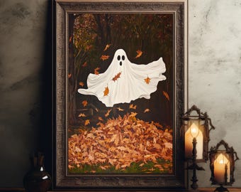 Impression d'art automne fantôme impression d'affiche d'halloween sombre milieu universitaire décoration d'intérieur fantasmagorique art mural décoration d'automne sorcière gothique fantôme feuilles d'automne
