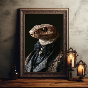May include: A portrait of a snake wearing a black and gold suit with a lace collar. The snake has a brown and tan patterned skin and one visible eye. The portrait is framed in a dark wood frame.