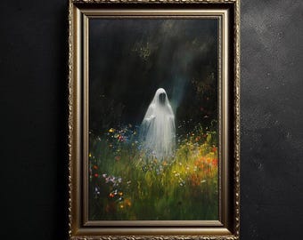 Stampa artistica con simpatico fantasma nella foresta magica, arte murale spettrale della stagione autunnale, affascinante e stravagante decorazione murale di Halloween, foresta incantata / SG#182 - Italia