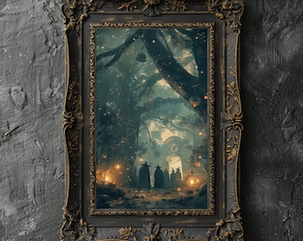 Décoration gothique vintage, art mural wicca, sorcières dans la forêt enchantée, impression d'affiche d'Halloween sorcière mythique, université sombre wicca