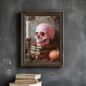 Pink Dark Academia Skull Halloween Decoration Alternative Decor Witchy Decoration Wall Art Spooky Gift Art Bookish Gift Candle Decor