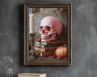 Różowa Ciemna Akademia Czaszka Dekoracja Halloween Alternatywny Wystrój Dekoracja Wiedźmia Sztuka Ścienna Straszny Prezent Sztuka Książkowy Prezent Świeca Dekoracja