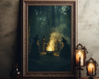 May include: Four witches in black robes and pointed hats gather around a cauldron in a dark, foggy forest. The cauldron is steaming and glowing with fire. The witches are casting a spell.