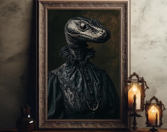 Arte de pared de serpiente negra, estilo bruja, melancólico y oscuro, academia, decoración gótica vintage para el hogar, pintura de serpiente antigua, arte de pared oscuro.