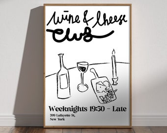 Wine & Cheese Club Print - Wine Lover Gift, Food Poster Black And White, Kitchen Wall Art, Table Dinner Candle Decor Printable Download