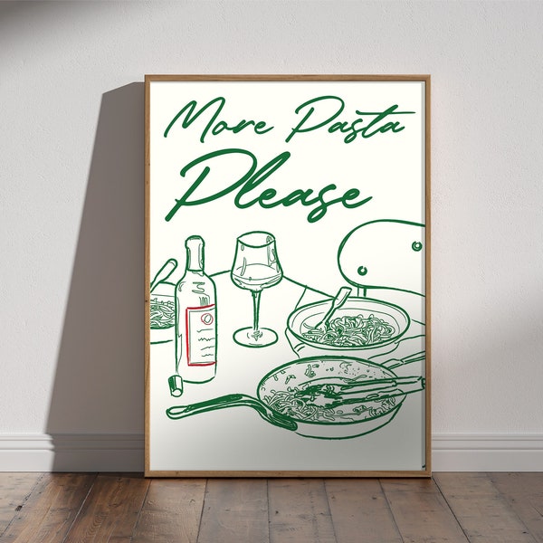 Mehr Pasta bitte - Vintage Spaghetti Wand Kunst, Hand gezeichnet Pasta Liebhaber Druck, Küchen Dekor zum ausdrucken, Esstisch Druck, Retro Kunstwerk