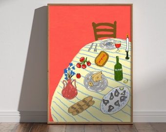 Dinner Party - Wine and Cheese Print, Oysters Wall Art, Flower with Sardines Poster, Chair Artwork, Kitchen and Table Dining Decor Negroni