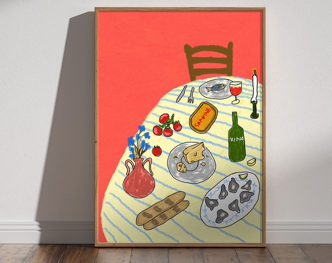 Dinner Party - Wein und Käse Poster, Austern Wandkunst, Blume mit Sardinen Poster, Stuhl Kunstwerk, Küche und Tisch Esszimmer Dekor Negroni