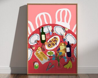 Pasta-nachtkunstprint – Italiaanse eettafelscène (digitale download)