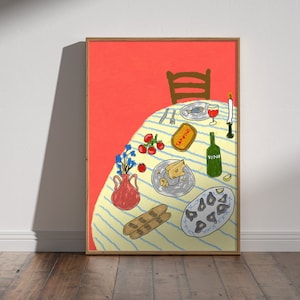 Dinner Party - Wine and Cheese Print, Oysters Wall Art, Flower with Sardines Poster, Chair Artwork, Kitchen and Table Dining Decor Negroni