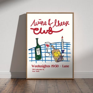 Hand Drawn Wine And Cheese Lover Club Poster - Vintage Food Table Dinner Print, Mid Century Modern Wall Art, Dining Kitchen Printable