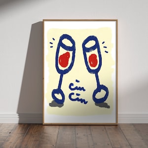 Groot formaat handgetekende Cin Cin wijnglazen print - Cheers poster, barwagen kunst aan de muur, vintage drankjes decor, salute glas wijn afdrukbare