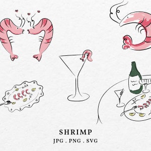 Garnalen illustratie bundel illustraties SVG PNG - handgetekende grillige garnaal pictogram overzichtskleur voor bruiloft uitnodiging menu zeevruchten