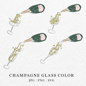 Verter champán copa color ilustración paquete SVG PNG - Dibujado a mano caprichoso champán Clip Art icono contorno invitación de boda