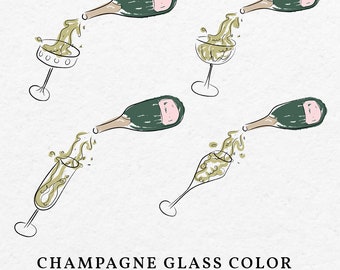 Pouring Champagne Glass Color Illustration Bundle SVG PNG - Hand Drawn Whimsical Champagne Clip Art Icon Outline Wedding Invitation