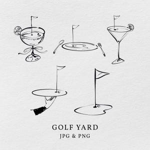 Könnte beinhalten: Schwarz-Weiß-Strichzeichnungen mit Golfmotiven. Das Bild zeigt einen Golfplatz, ein Cocktailglas mit Zitrone, einen Golfball auf einem Tablett und den Text "GOLF YARD JPG & PNG".