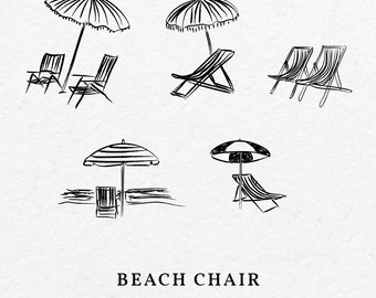 Beach Chair Illustration SVG PNG Bundle - Hand Drawn Beach Bench Icon, Drawing Vacation Invitation Clipart, Whimsical Trip Invitation Card