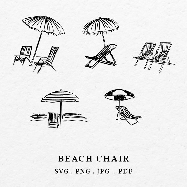 Strand Stuhl Illustration SVG PNG Bundle - Handgezeichnet Strandbank Symbol, Zeichnung Urlaub Einladung Clipart, Wunderliche Reise Einladungskarte