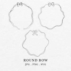 May include: Three black outline wreaths with a bow at the top. The wreaths are round and have a wavy edge.