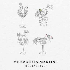 Hand Drawn Mermaid in Martini Glass Illustration Bundle Clip Art SVG PNG - Doodle Whimsical  Woman in Martini For Bachelorette Invitation