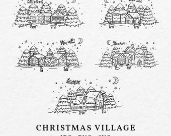 May include: Black and white line art illustration of a Christmas village with snow-covered houses, trees, and a crescent moon. Santa Claus is flying overhead in his sleigh with reindeer.
