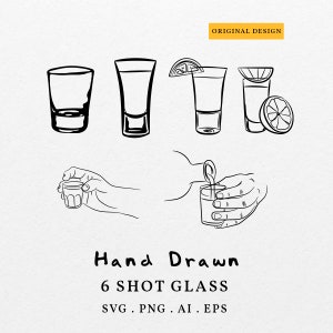 Hand Drawn Shot Glass Bundle SVG PNG - Tequila Shot Glass With Lime Clipart, Pouring Shot Glass Cut File Cricut, Sketch Illustration Bar