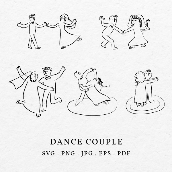 Bride And Groom Dance Couple Illustration SVG PNG Bundle - Hand Drawn Wedding Invitation Icon Clip Art, Rehearsal Card Whimsical Unique