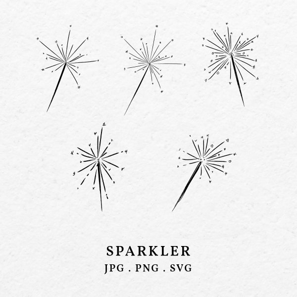 Sparkler Illustration Bundle SVG PNG - Hand Drawn Firework Clip Art Icon For Wedding Invitation or Bridal Shower, Whimsical Sparkling Stick