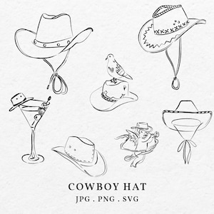 Puede incluir: Un conjunto de seis dibujos en blanco y negro de sombreros de vaquero. Los sombreros son de varios estilos y están dibujados en un estilo simple y minimalista. El texto "COWBOY HAT JPG. PNG. SVG" está en la parte inferior de la imagen.