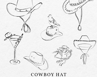 Hand Drawn Cowboy Hat Illustration Bundle SVG PNG - Whimsical Doodle Western Hat Clip Art Outline For Wedding Invitation Bridal Shower