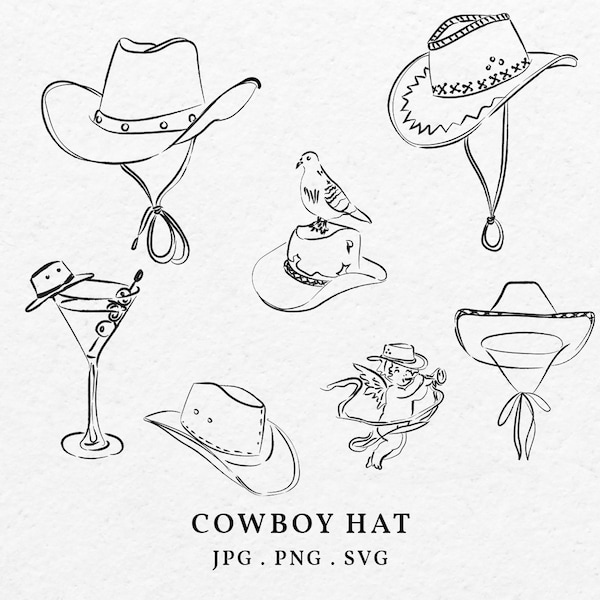 Hand Drawn Cowboy Hat Illustration Bundle SVG PNG - Whimsical Doodle Western Hat Clip Art Outline For Wedding Invitation Bridal Shower