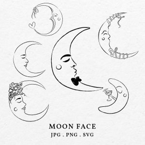 Nook Paper - Hand Drawn Whimsical Moon Face Illustration Clip Art Bundle SVG PNG, Doodle Moon Face Outline icon For Wedding Party Invitation