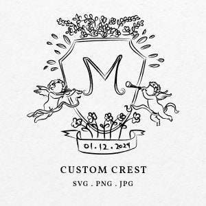 Ilustración de monograma de cresta personalizada dibujada a mano SVG PNG - Emblema de invitación de boda personalizado, Guardar el arte del icono de fecha, Insignia de matrimonio