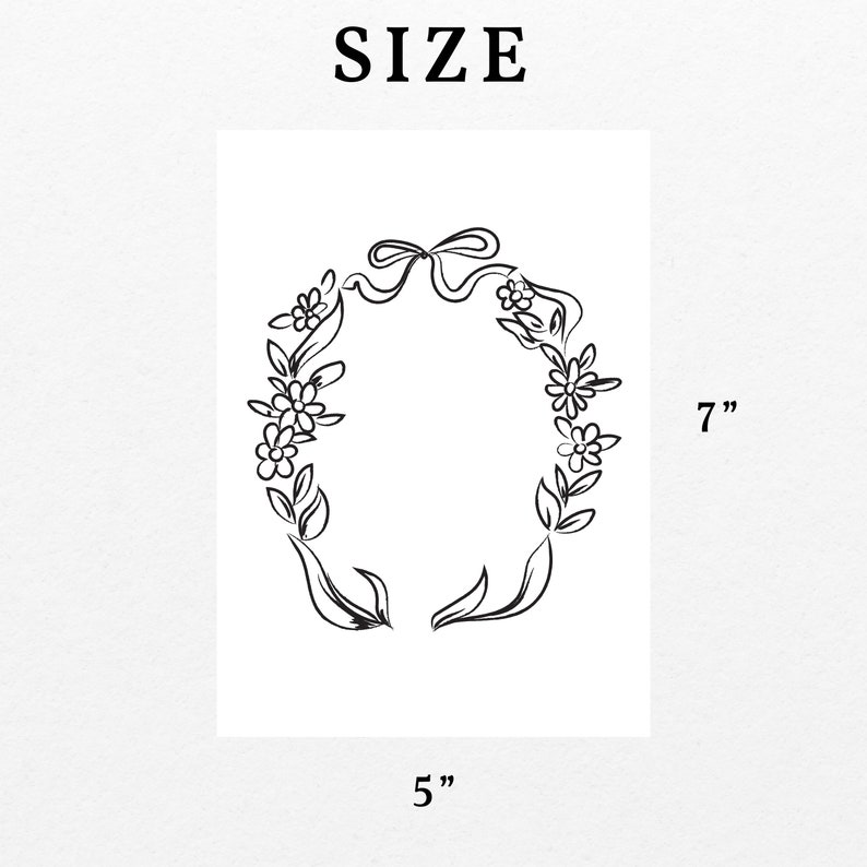 May include: Black and white line drawing of a floral wreath with a bow. The wreath is 7 inches tall and 5 inches wide.