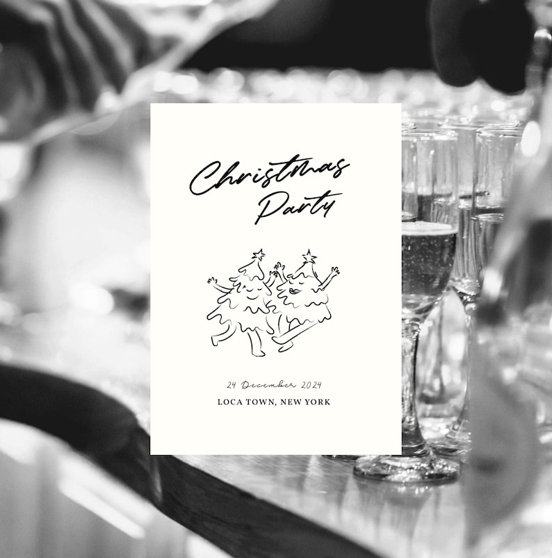 christmas party with hand drawn spruce tree