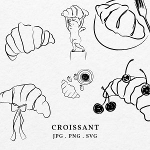 Croissant pan francés ilustración Clip Art Bundle SVG PNG - Icono de panes caprichosos dibujados a mano para el menú de invitación de boda despedida de soltera