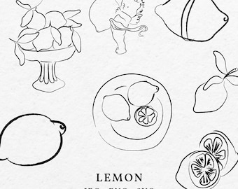 Lemon Doodle Illustration Bundle SVG PNG - Hand Drawn Whimsical Fruit Lemon Clip Art Outline For Wedding Menu Invitation and Bridal Shower