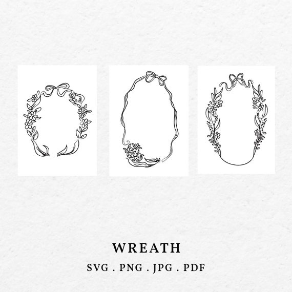 Floral Wreath with Bow SVG – Hand-Drawn Wedding Invitation Garland (Digital Download)