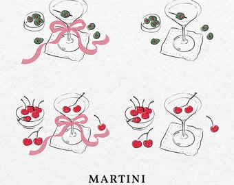 Martini Glass With Olive and Cherry Bow Doodle Illustration SVG PNG - Hand Drawn Whimsical Clip Art Outline Wedding Menu Bridal Invitation